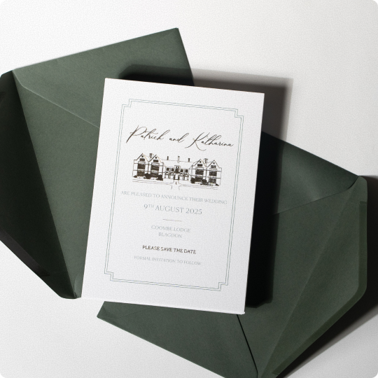 Wedding save the date card with a fine border, handwritten names, venue illustration and dark green envelopes