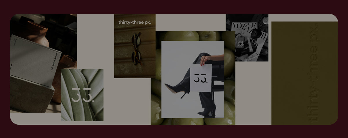 Collage of printed stationery and fashion details, including a textured card, muted green fabric and black and white imagery
