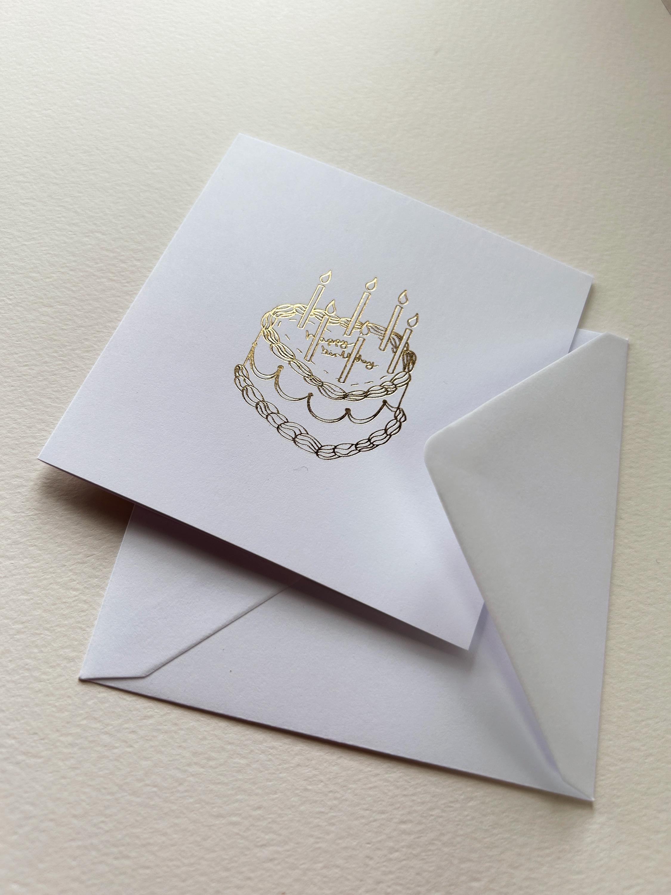 Hand Illustrated Heart 'Happy Birthday' Cake Gold Foil Card