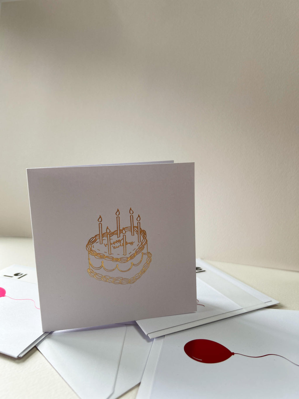 Hand Illustrated Heart 'Happy Birthday' Cake Gold Foil Card