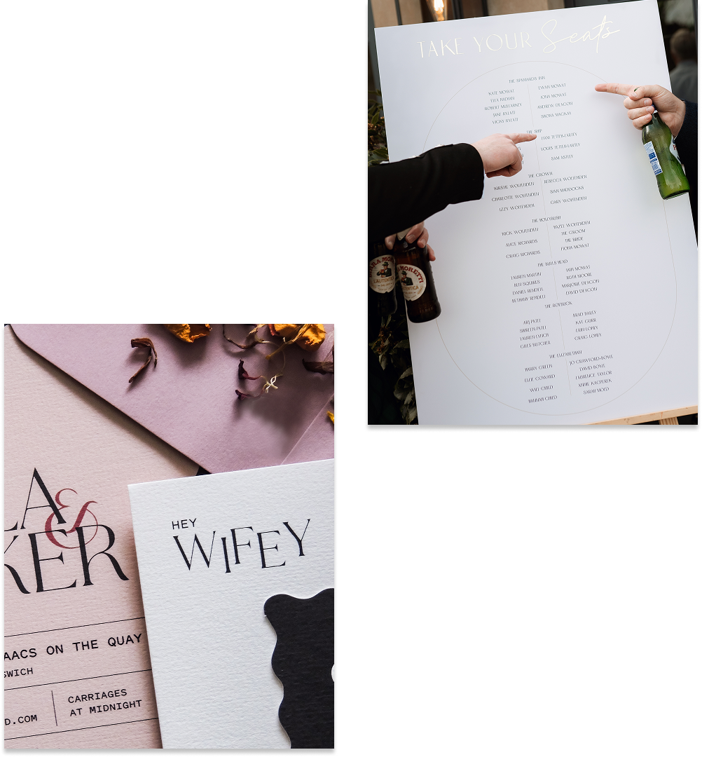 Wedding stationery with foil printed cards, a thank you seating chart, textured paper and mauve envelopes