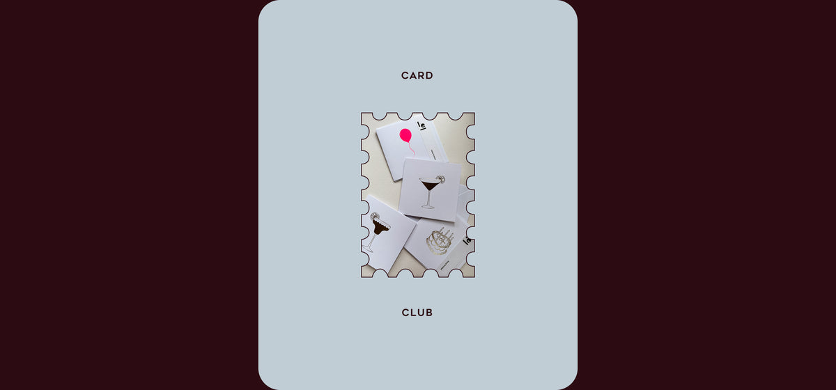 Luxury card with a pale blue background and central collage of monochrome shapes, marked Card and Club