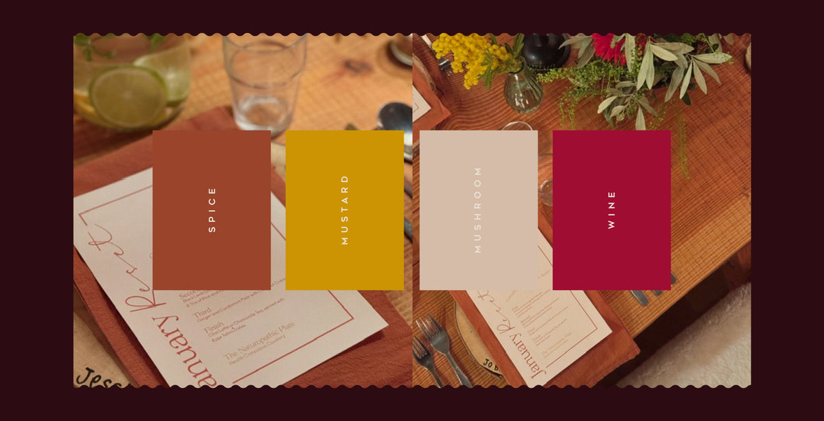 Four foil colour cards displayed over printed wedding stationery, showing terracotta, mustard, beige and burgundy designs