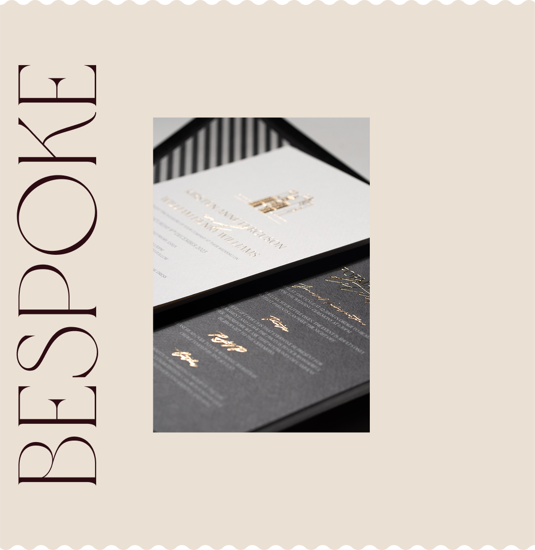Luxury wedding stationery cards with black and white layouts, gold foil lettering and layered paper details