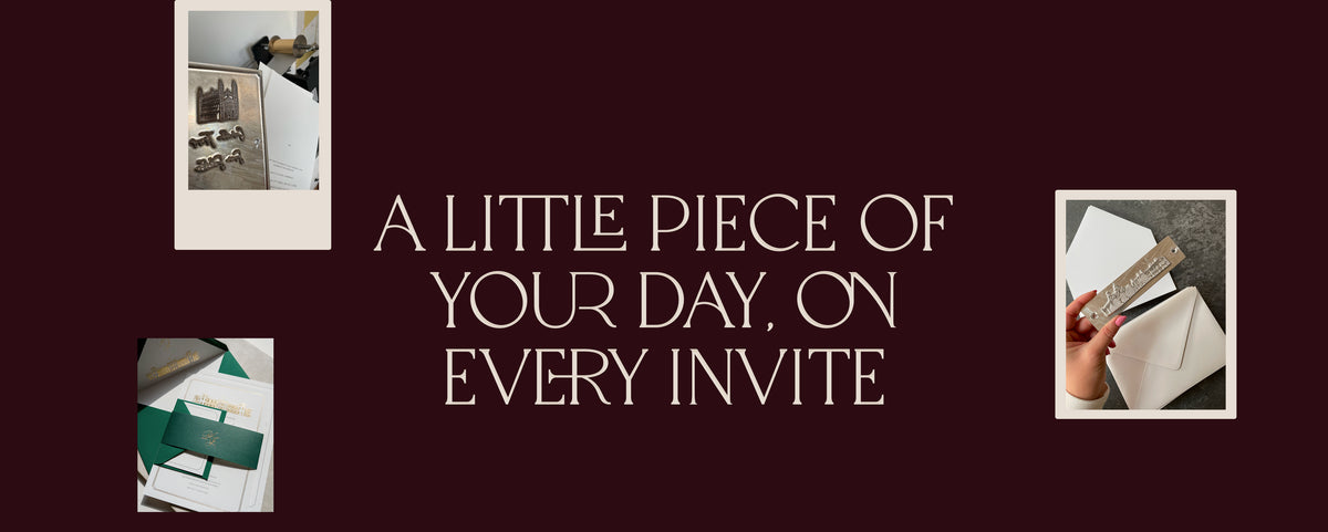 Wedding stationery card designs with gold lettering, paper samples and an open envelope on a burgundy background