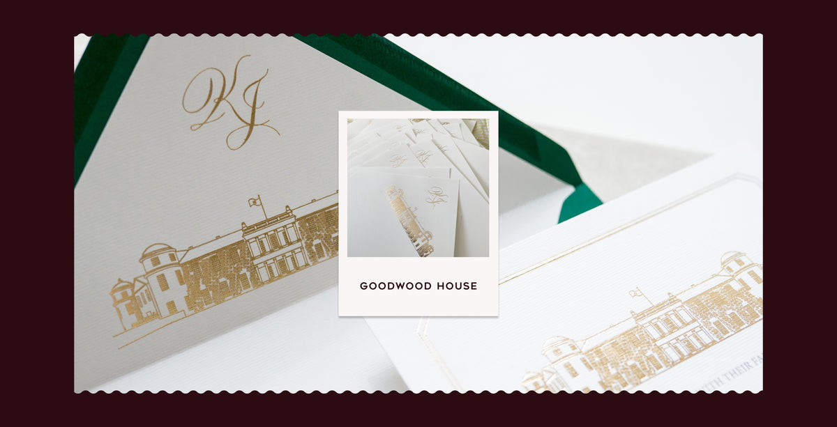 Foil printed wedding stationery with gold architectural illustrations, initials and a central card showing a house design