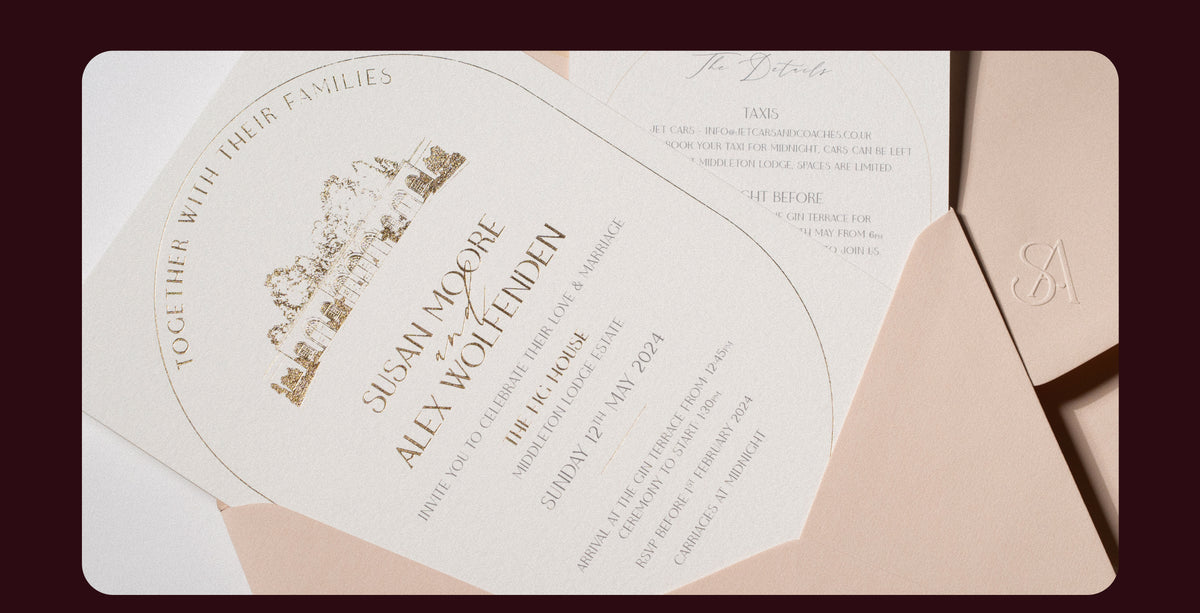 Luxury wedding invitation with hand foil printed gold lettering, layered on pale pink stationery with a curved card
