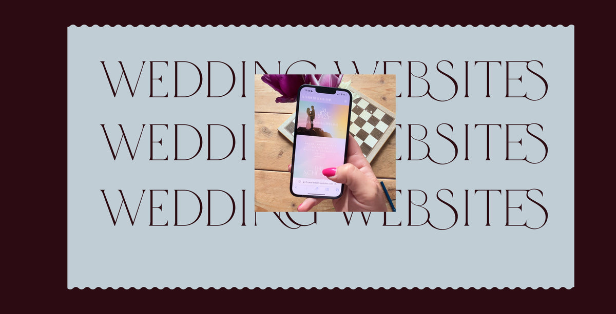 Wedding website card with repeated maroon lettering and a central smartphone photograph showing a hand holding the phone
