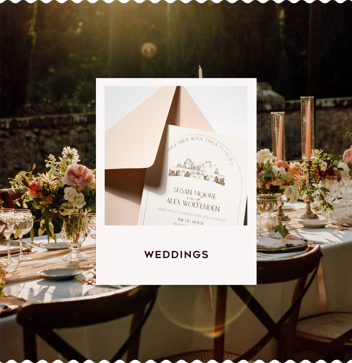 Wedding stationery card displayed at a floral outdoor table setting, with cream paper and fine printed details
