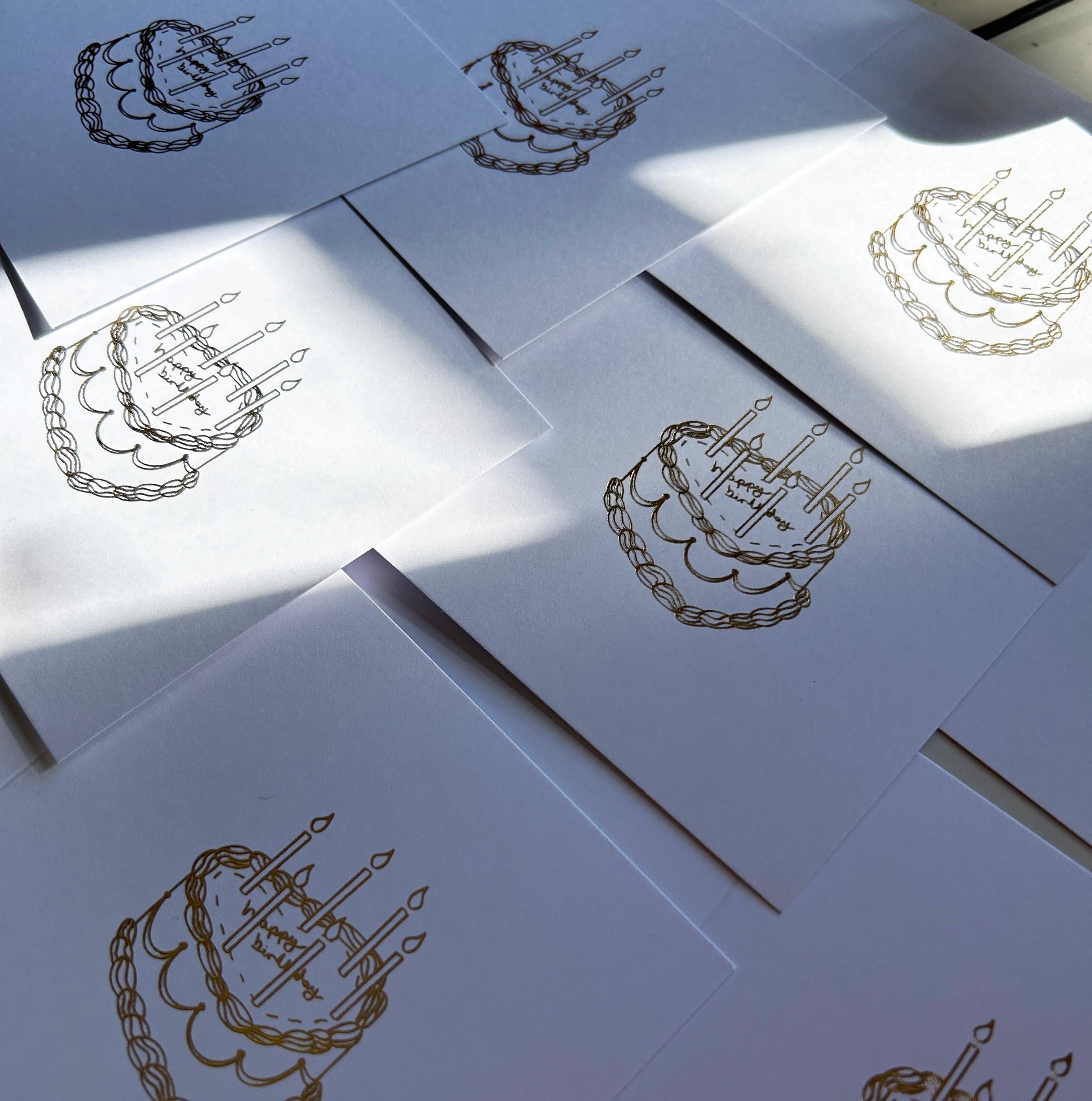 Hand Illustrated Heart 'Happy Birthday' Cake Gold Foil Card