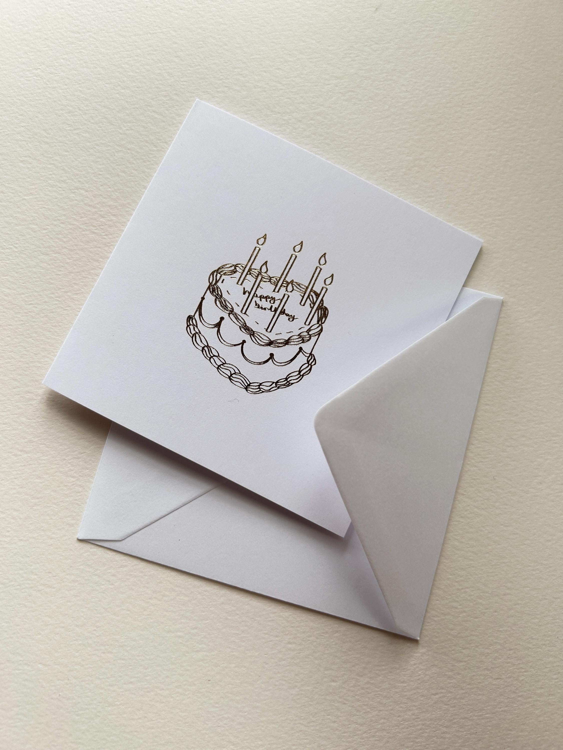 Hand Illustrated Heart 'Happy Birthday' Cake Gold Foil Card