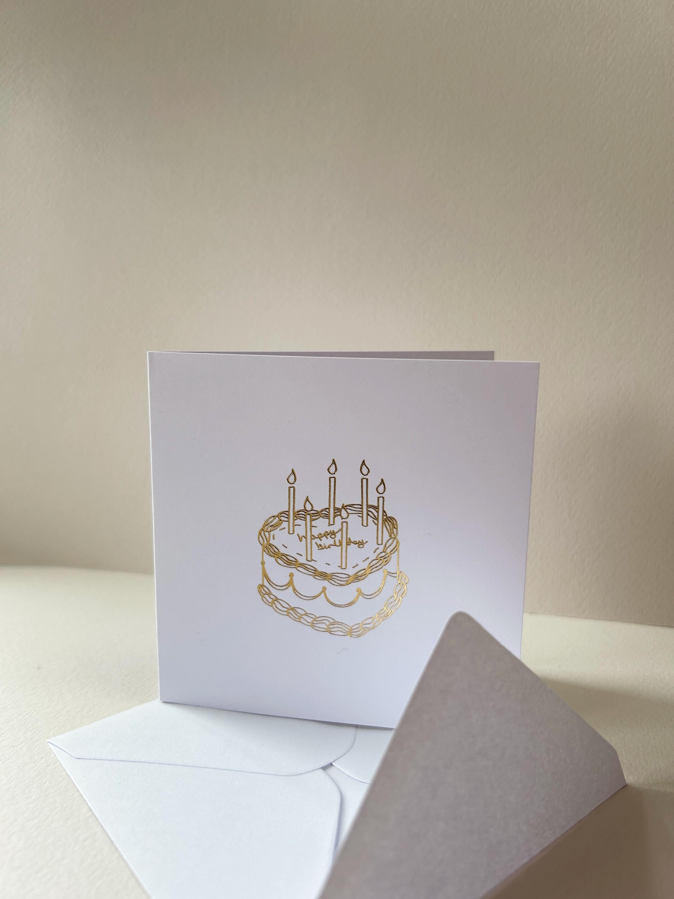 Hand Illustrated Heart 'Happy Birthday' Cake Gold Foil Card