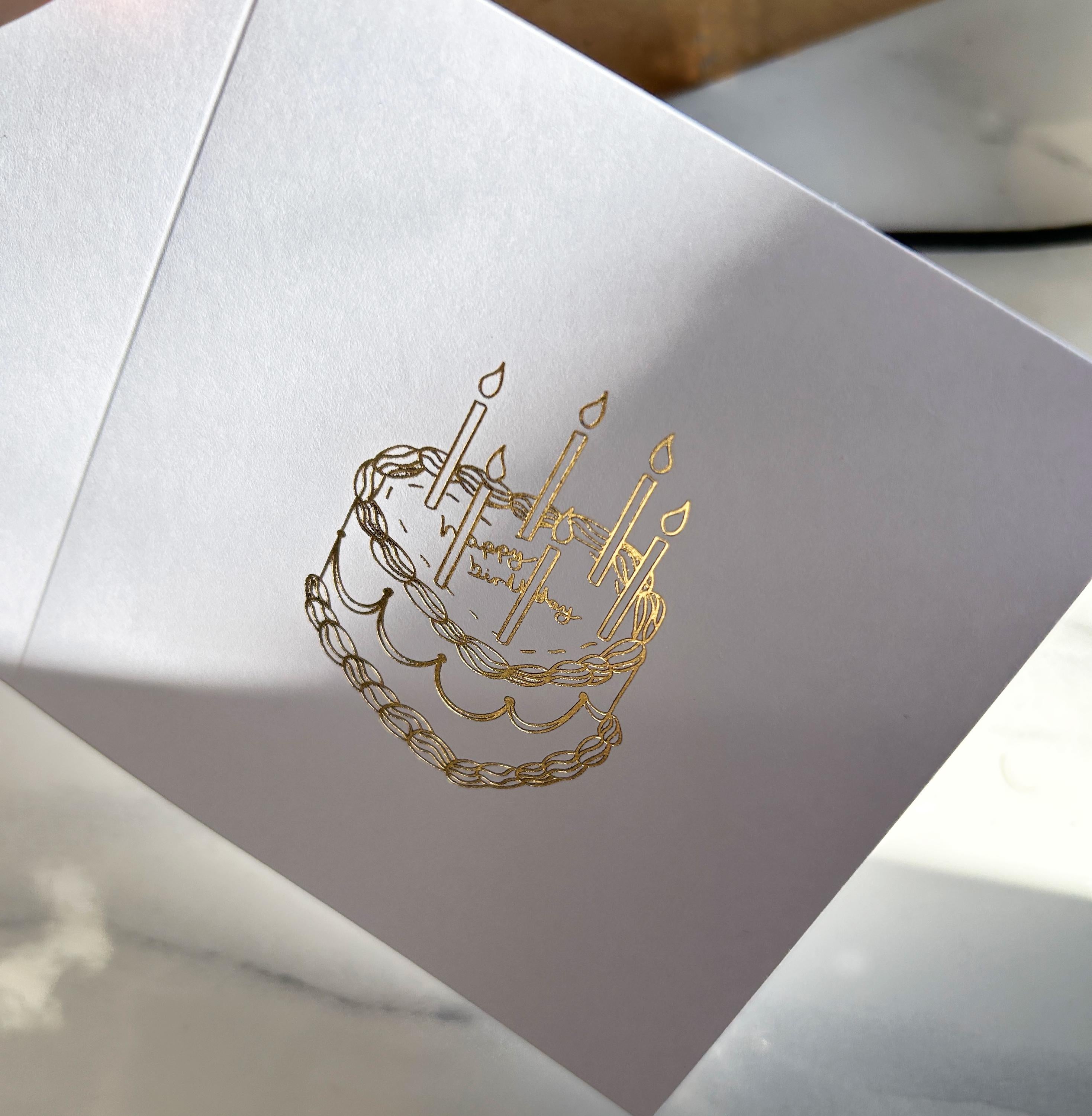 Hand Illustrated Heart 'Happy Birthday' Cake Gold Foil Card