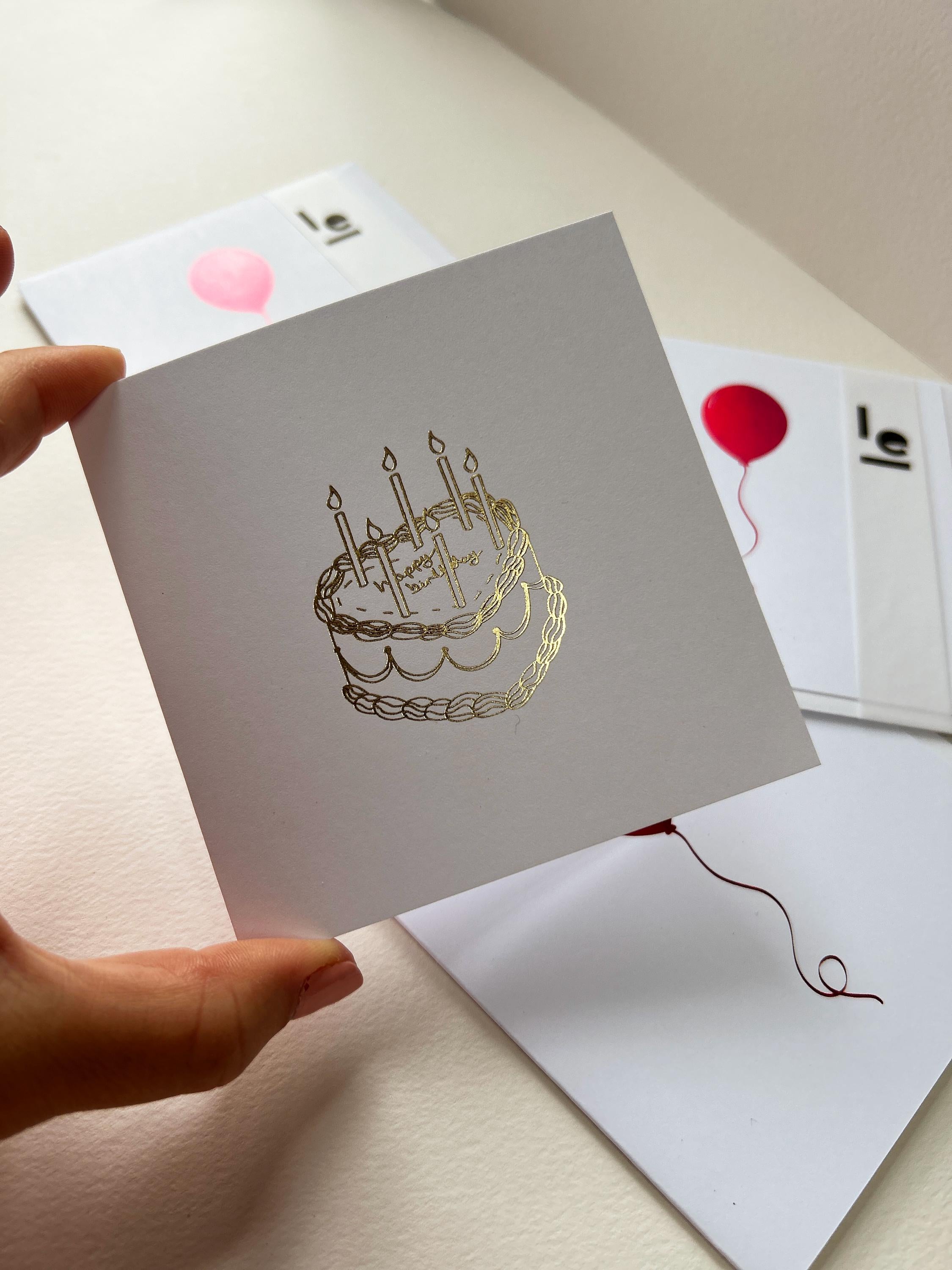 Hand Illustrated Heart 'Happy Birthday' Cake Gold Foil Card